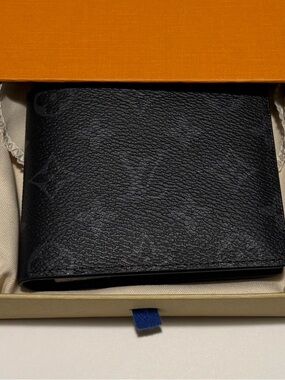 Louis Vuitton Black Textured Bifold Wallet with Orange Box Accent